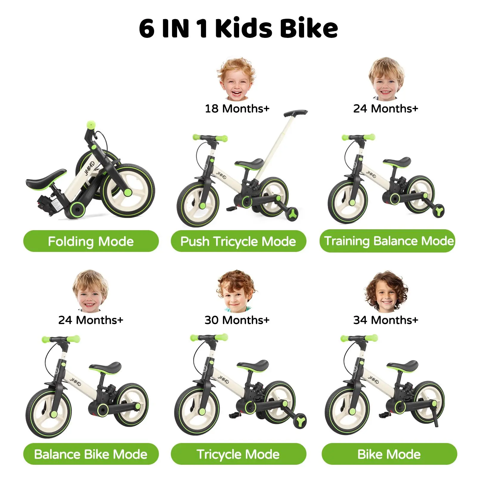【ChristmasGifts】JMMD Multi-Functional 6-in-1 Toddler Bike for 18-60M Baby Balance Bike with Training Wheels, Pedals & Push Handle | Ride-On Toy with Brakes & Kickstand | First Birthday Gift for Baby Boys & Girls