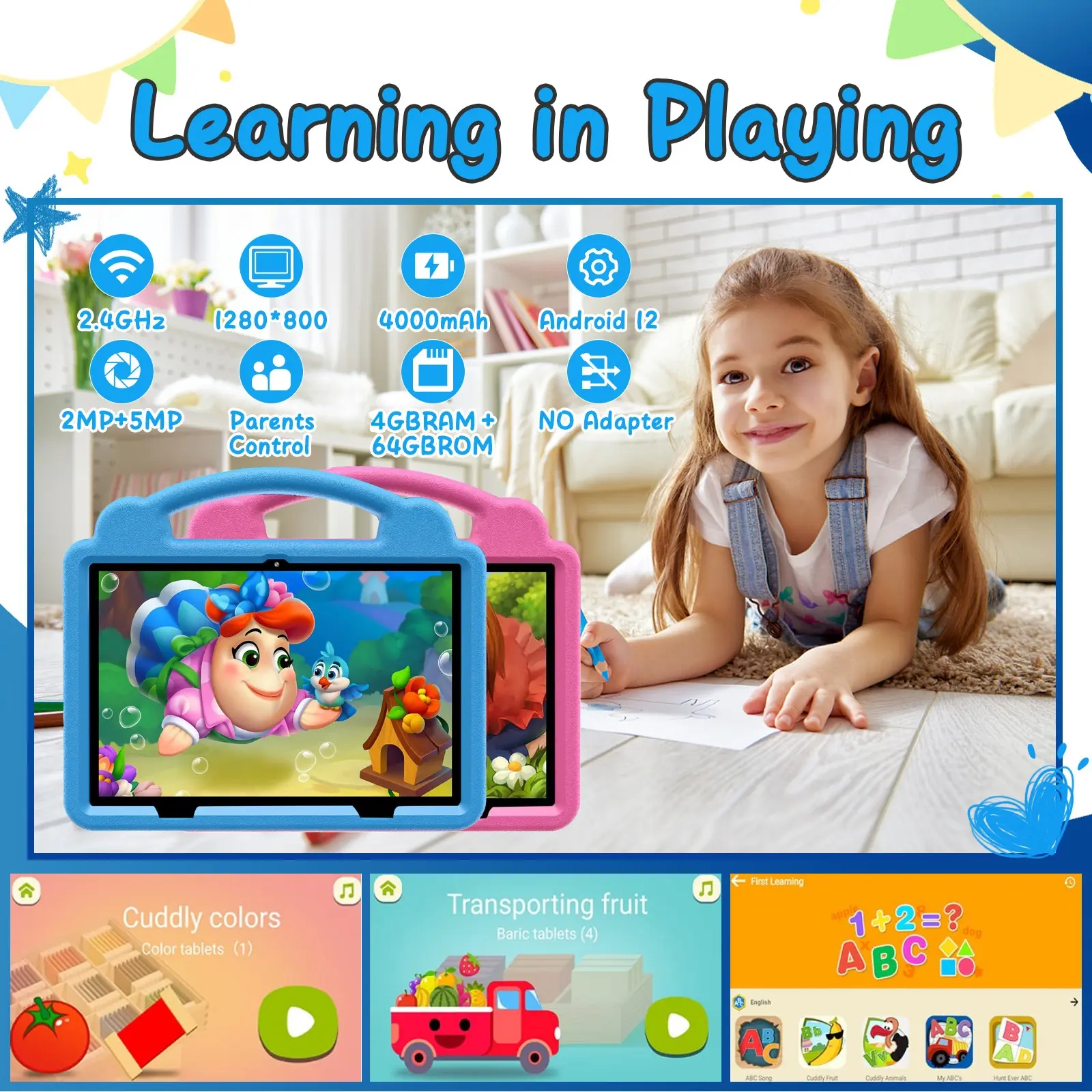 10.1-Inch Learning and Entertainment Tablet, Student Tablets, Educational Tablet with 2.4G Wi-Fi, GMS, Eye-Protection Screen, Parental Controls, Dual Cameras and Shockproof Case