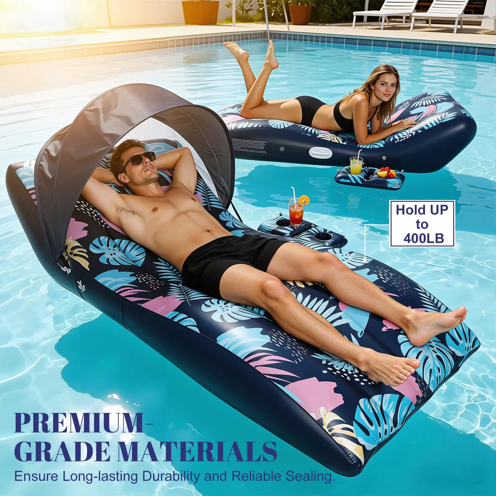 Benazcap Pool Floats Lounger with UPF50+ Canopy Adjustable Inflatable Large Floating Chair Ergonomic Design with Cup Holders Perfect for Swimming Pool Beach Lake Party Dark Blue