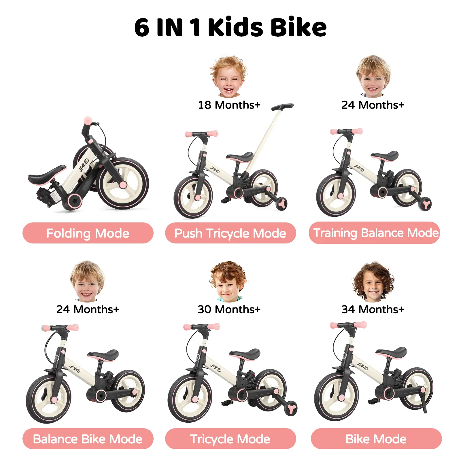 【ChristmasGifts】JMMD Multi-Functional 6-in-1 Toddler Bike for 18-60M Baby Balance Bike with Training Wheels, Pedals & Push Handle | Ride-On Toy with Brakes & Kickstand | First Birthday Gift for Baby Boys & Girls