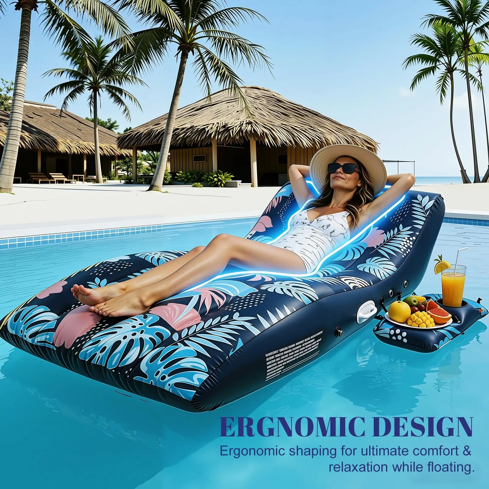 Benazcap Pool Floats Lounger with UPF50+ Canopy Adjustable Inflatable Large Floating Chair Ergonomic Design with Cup Holders Perfect for Swimming Pool Beach Lake Party Dark Blue