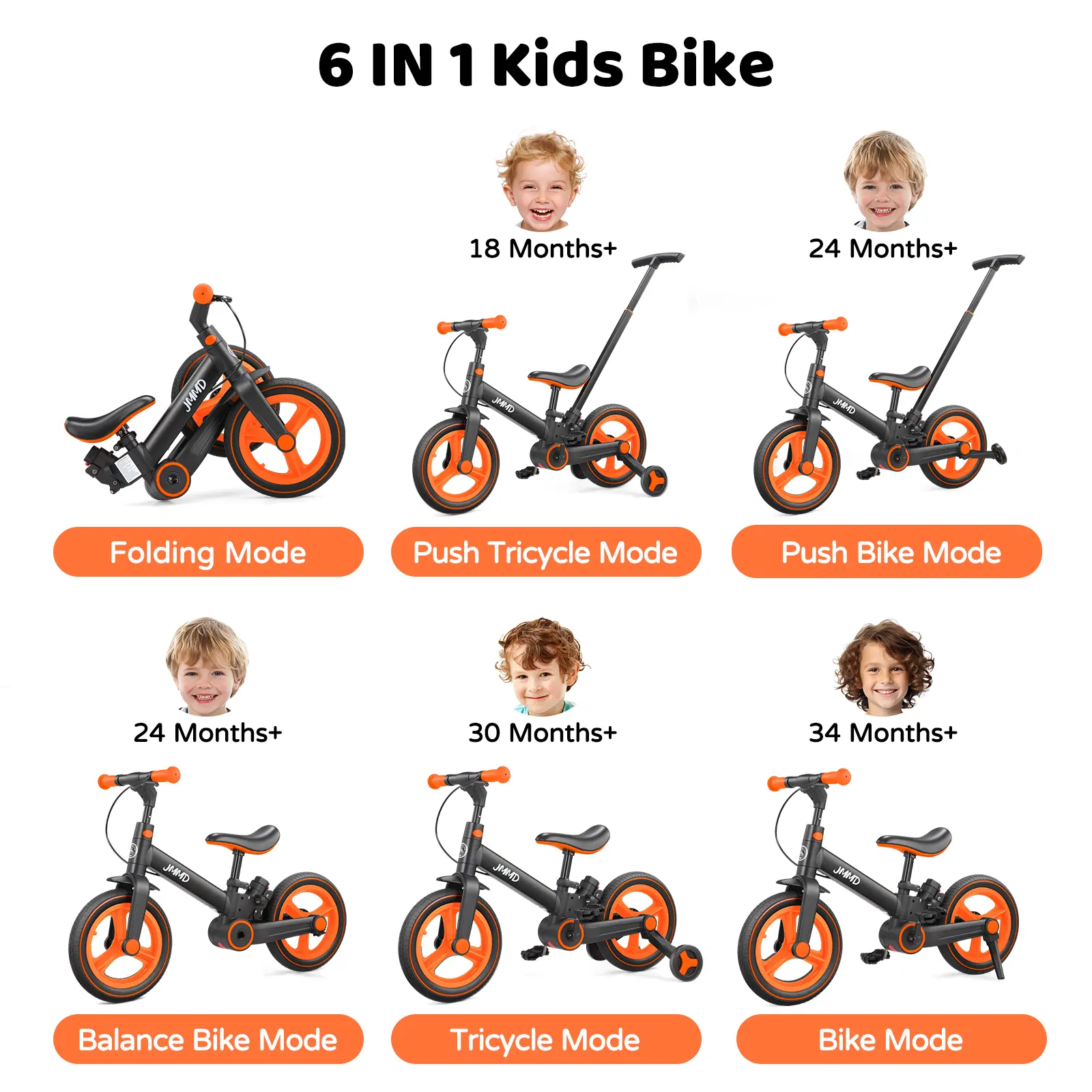 【ChristmasGifts】JMMD Multi-Functional 6-in-1 Toddler Bike for 18-60M Baby Balance Bike with Training Wheels, Pedals & Push Handle | Ride-On Toy with Brakes & Kickstand | First Birthday Gift for Baby Boys & Girls