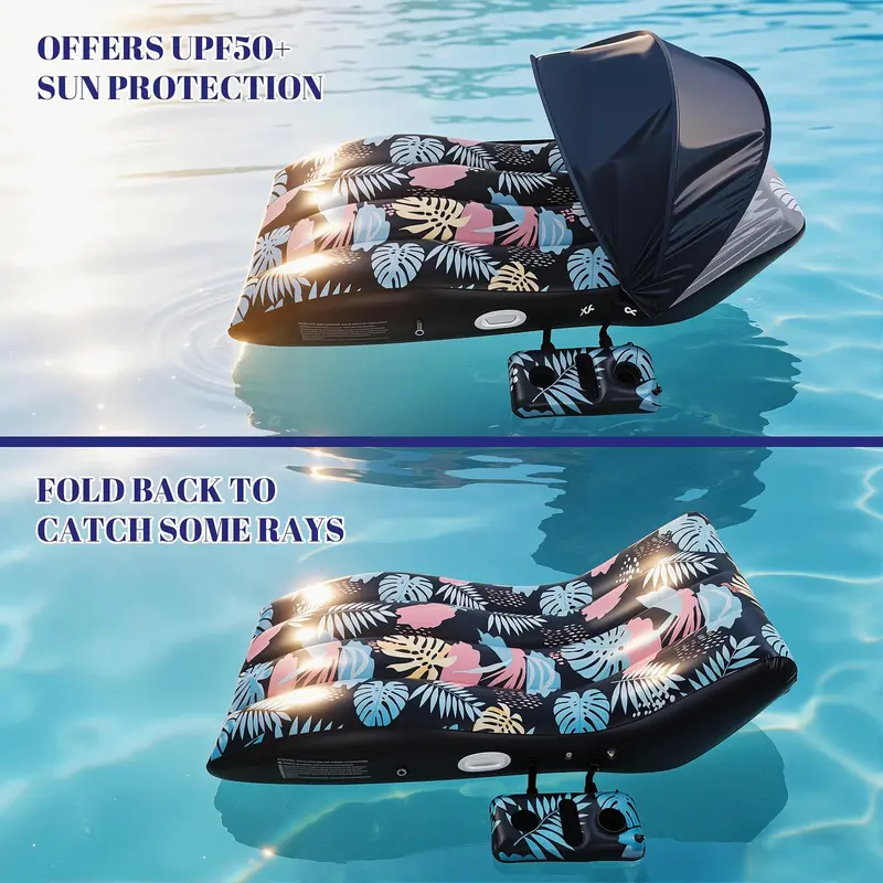 Benazcap Pool Floats Lounger with UPF50+ Canopy Adjustable Inflatable Large Floating Chair Ergonomic Design with Cup Holders Perfect for Swimming Pool Beach Lake Party Dark Blue