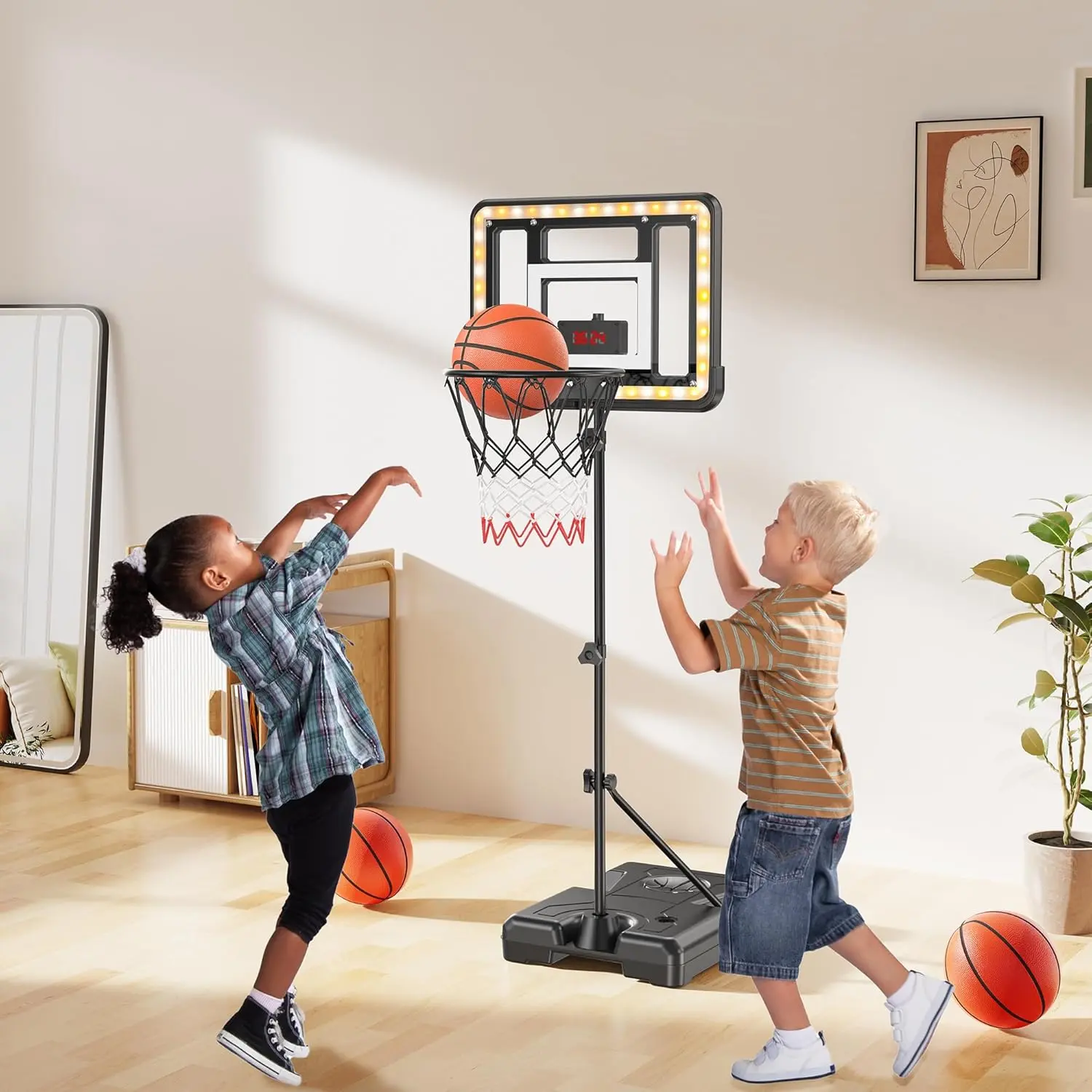 CuLiDing Kids 3ft to 5.8ft Height Adjustable Indoor Basketball Stand with Timer,Weatherproof Base for Outdoor Practice Portable Durable Fun Mother's Day Gift