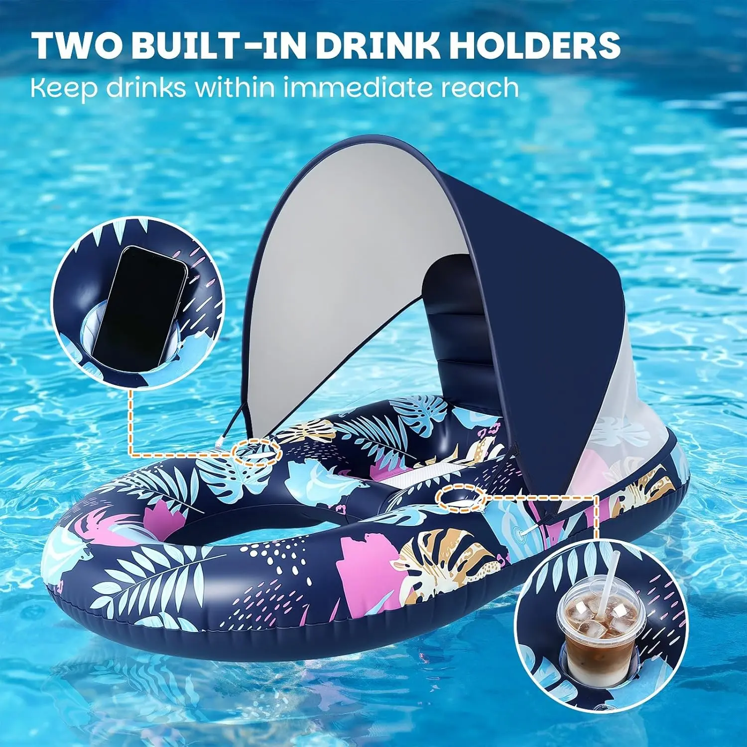Benazcap Pool Floats Lounger with UPF50+ Canopy Adjustable Inflatable Large Floating Chair Ergonomic Design with Cup Holders Perfect for Swimming Pool Beach Lake Party Dark Blue
