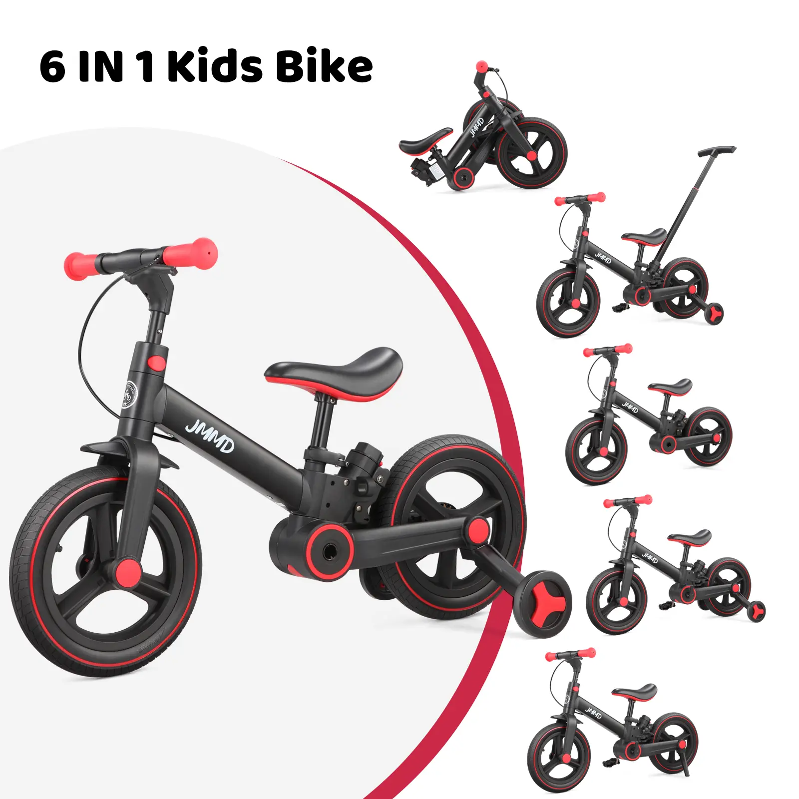 【ChristmasGifts】JMMD Multi-Functional 6-in-1 Toddler Bike for 18-60M Baby Balance Bike with Training Wheels, Pedals & Push Handle | Ride-On Toy with Brakes & Kickstand | First Birthday Gift for Baby Boys & Girls