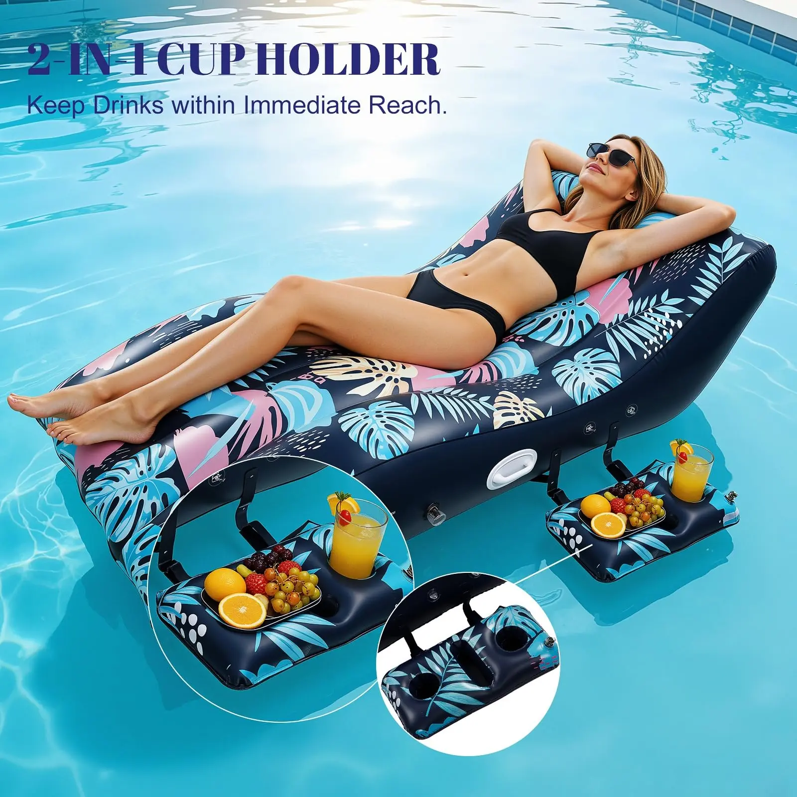 Benazcap Pool Floats Lounger with UPF50+ Canopy Adjustable Inflatable Large Floating Chair Ergonomic Design with Cup Holders Perfect for Swimming Pool Beach Lake Party Dark Blue