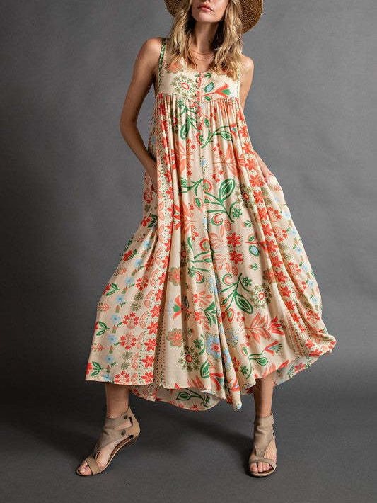 🔥HEISSER VERKAUF💃✨ Vintage Blumenmuster lockerer ärmelloser Jumpsuit