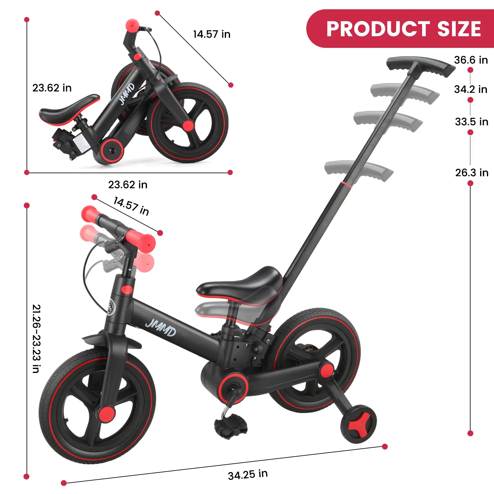 【ChristmasGifts】JMMD Multi-Functional 6-in-1 Toddler Bike for 18-60M Baby Balance Bike with Training Wheels, Pedals & Push Handle | Ride-On Toy with Brakes & Kickstand | First Birthday Gift for Baby Boys & Girls