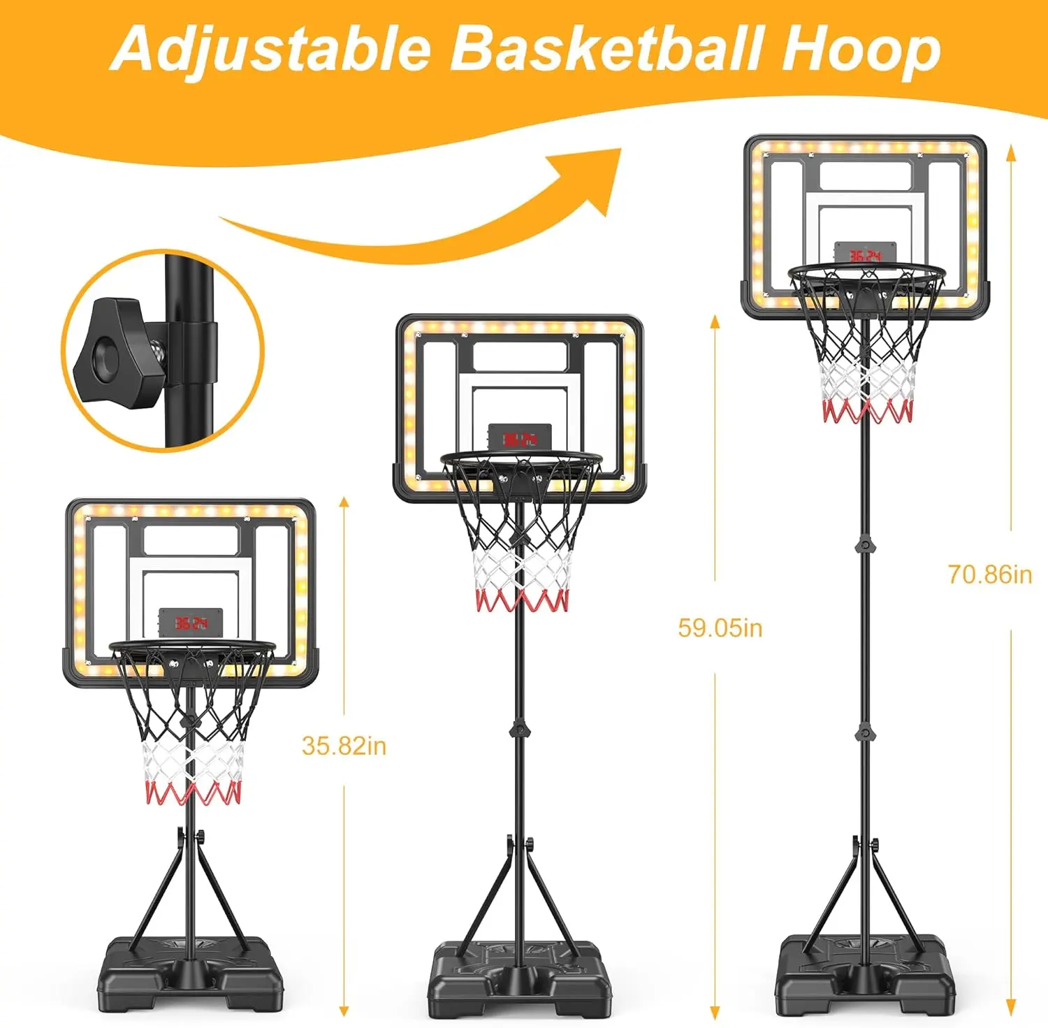 CuLiDing Kids 3ft to 5.8ft Height Adjustable Indoor Basketball Stand with Timer,Weatherproof Base for Outdoor Practice Portable Durable Fun Mother's Day Gift