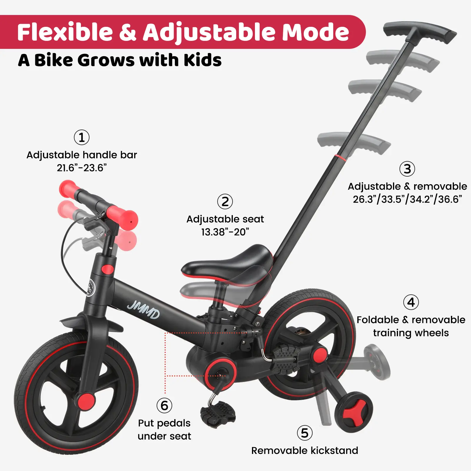 【ChristmasGifts】JMMD Multi-Functional 6-in-1 Toddler Bike for 18-60M Baby Balance Bike with Training Wheels, Pedals & Push Handle | Ride-On Toy with Brakes & Kickstand | First Birthday Gift for Baby Boys & Girls