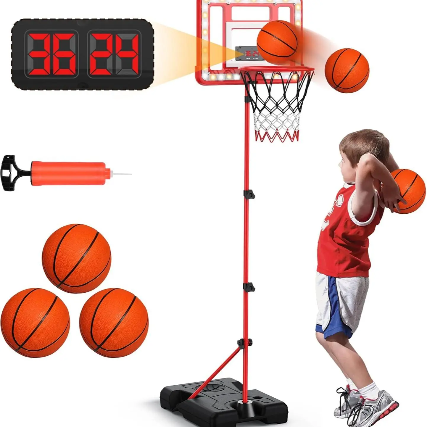 CuLiDing Kids 3ft to 5.8ft Height Adjustable Indoor Basketball Stand with Timer,Weatherproof Base for Outdoor Practice Portable Durable Fun Mother's Day Gift