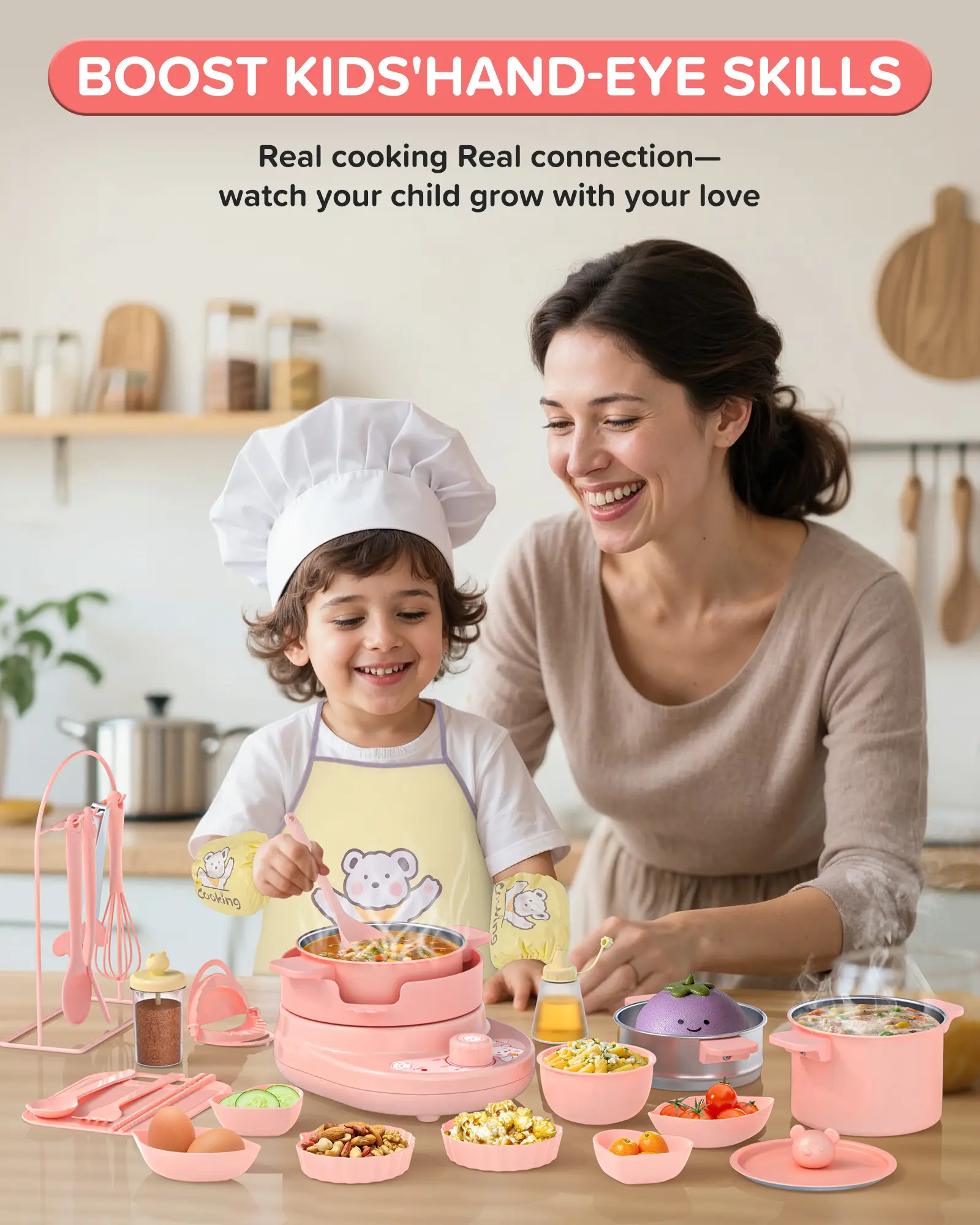 Kids Cooking Sets Real Pink Play Mini Kitchen, Safe Real Food Making Knife Set for Children 8-12 — Montessori Toy, Valentine’s Day Gift Ideas for Kids