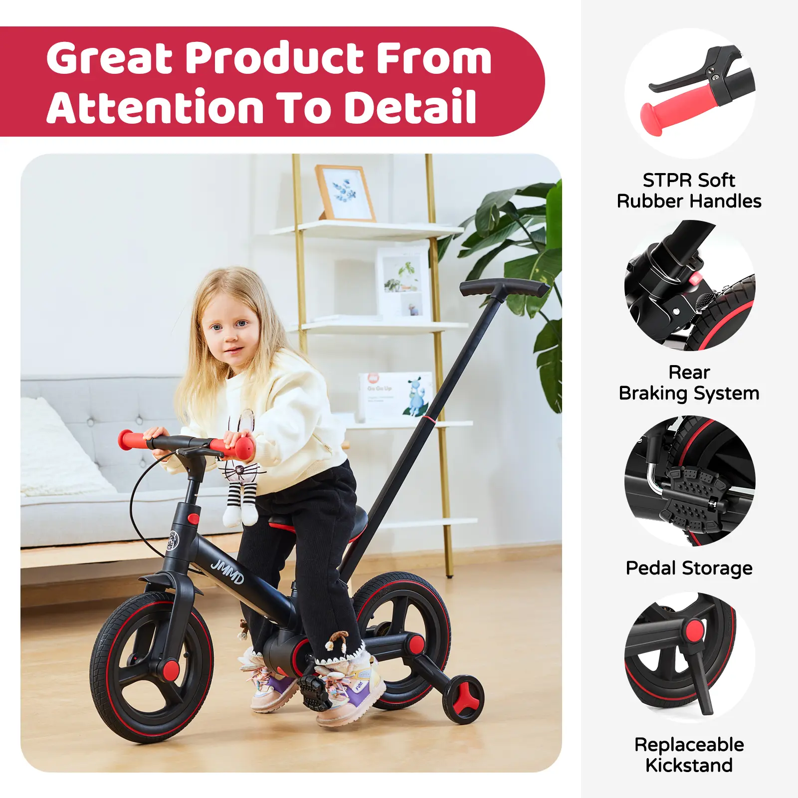 【ChristmasGifts】JMMD Multi-Functional 6-in-1 Toddler Bike for 18-60M Baby Balance Bike with Training Wheels, Pedals & Push Handle | Ride-On Toy with Brakes & Kickstand | First Birthday Gift for Baby Boys & Girls