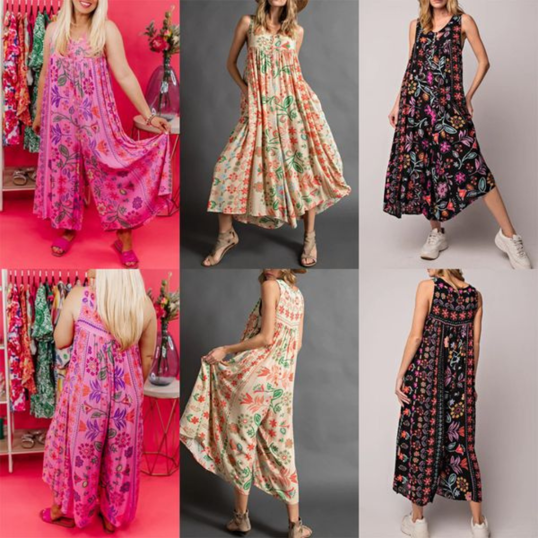 🔥HEISSER VERKAUF💃✨ Vintage Blumenmuster lockerer ärmelloser Jumpsuit