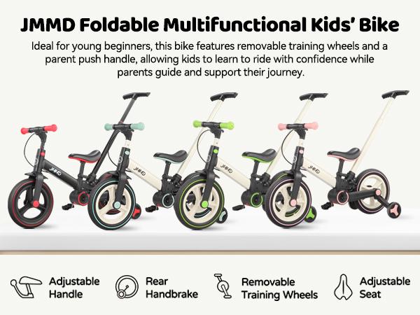 【ChristmasGifts】JMMD Multi-Functional 6-in-1 Toddler Bike for 18-60M Baby Balance Bike with Training Wheels, Pedals & Push Handle | Ride-On Toy with Brakes & Kickstand | First Birthday Gift for Baby Boys & Girls