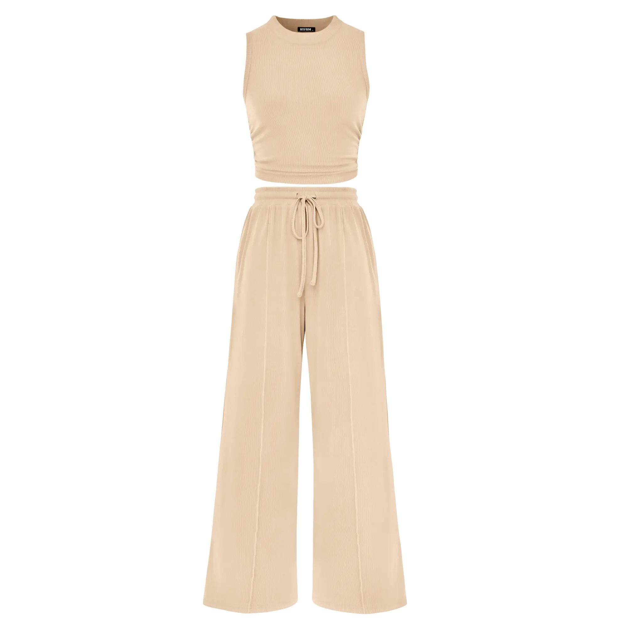 BTFBM Women's Summer 2-Piece Outfits - Ribbed Knit Crew Neck Sleeveless Cropped Top & Wide Leg Pants Lounge Set #Outdoorfun