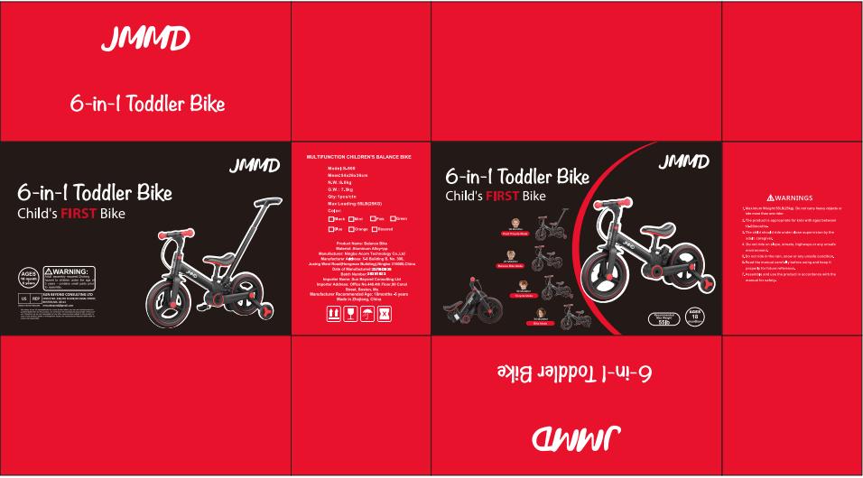 【ChristmasGifts】JMMD Multi-Functional 6-in-1 Toddler Bike for 18-60M Baby Balance Bike with Training Wheels, Pedals & Push Handle | Ride-On Toy with Brakes & Kickstand | First Birthday Gift for Baby Boys & Girls