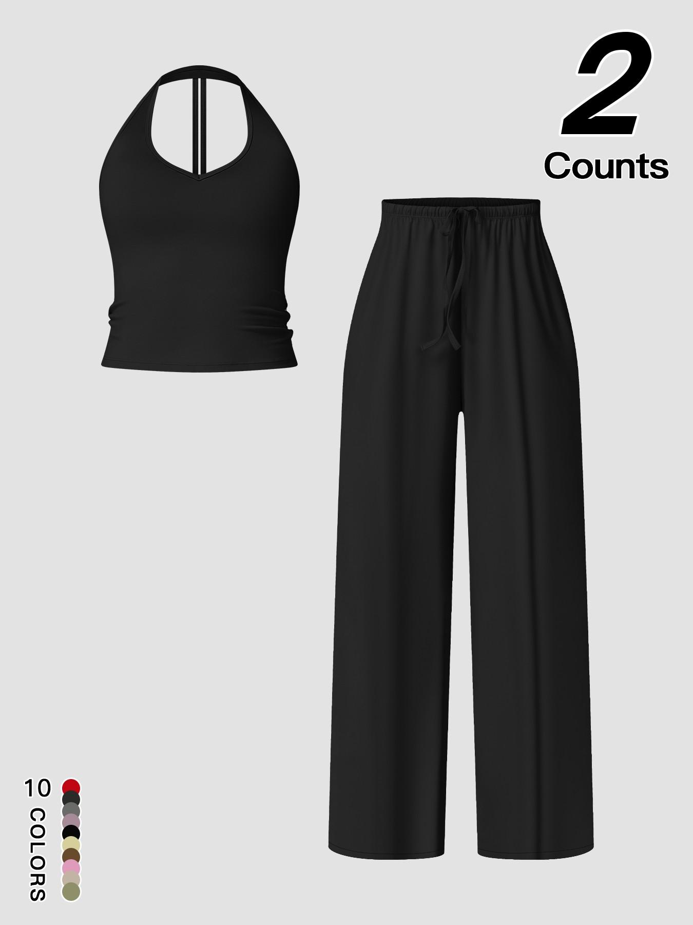 Women's Quick-Dry Sports Tank Top, Casual High-Waisted Bell Bottoms, Comfortable Sporty, Workout Sets, All-Season Plain Style
