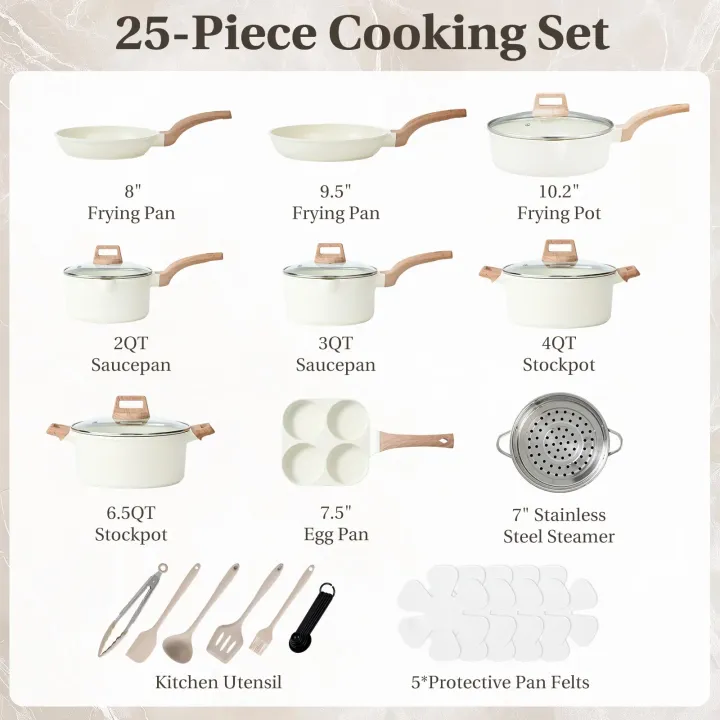 25-Piece Non-Stick Ceramic Granite Cookware Set with Stay-Cool Handles, Induction Compatible Pots and Pans Set for Healthy Cooking