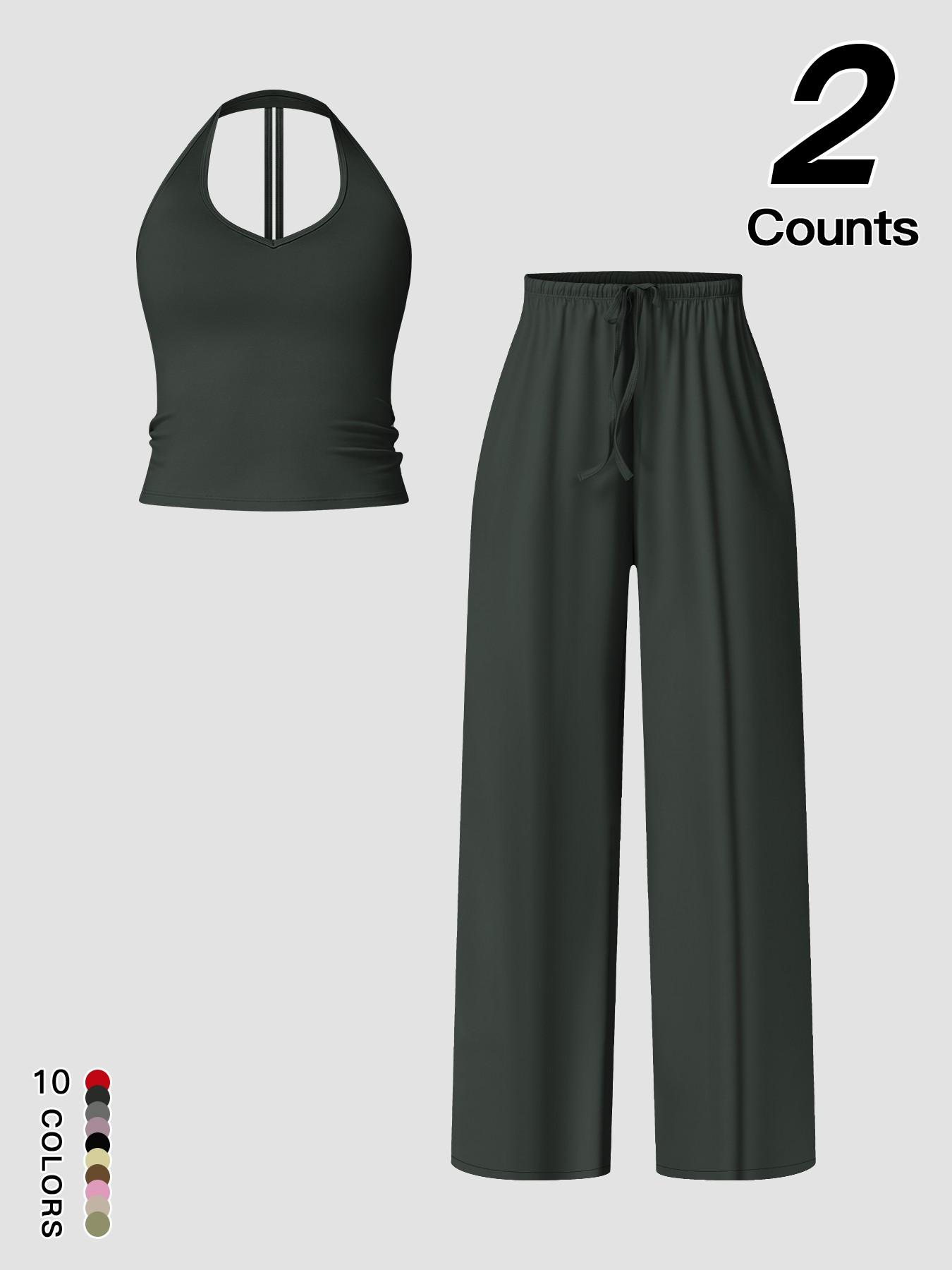 Women's Quick-Dry Sports Tank Top, Casual High-Waisted Bell Bottoms, Comfortable Sporty, Workout Sets, All-Season Plain Style