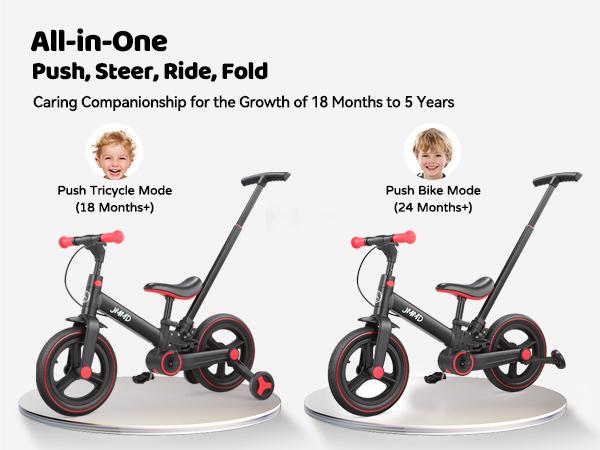 【ChristmasGifts】JMMD Multi-Functional 6-in-1 Toddler Bike for 18-60M Baby Balance Bike with Training Wheels, Pedals & Push Handle | Ride-On Toy with Brakes & Kickstand | First Birthday Gift for Baby Boys & Girls