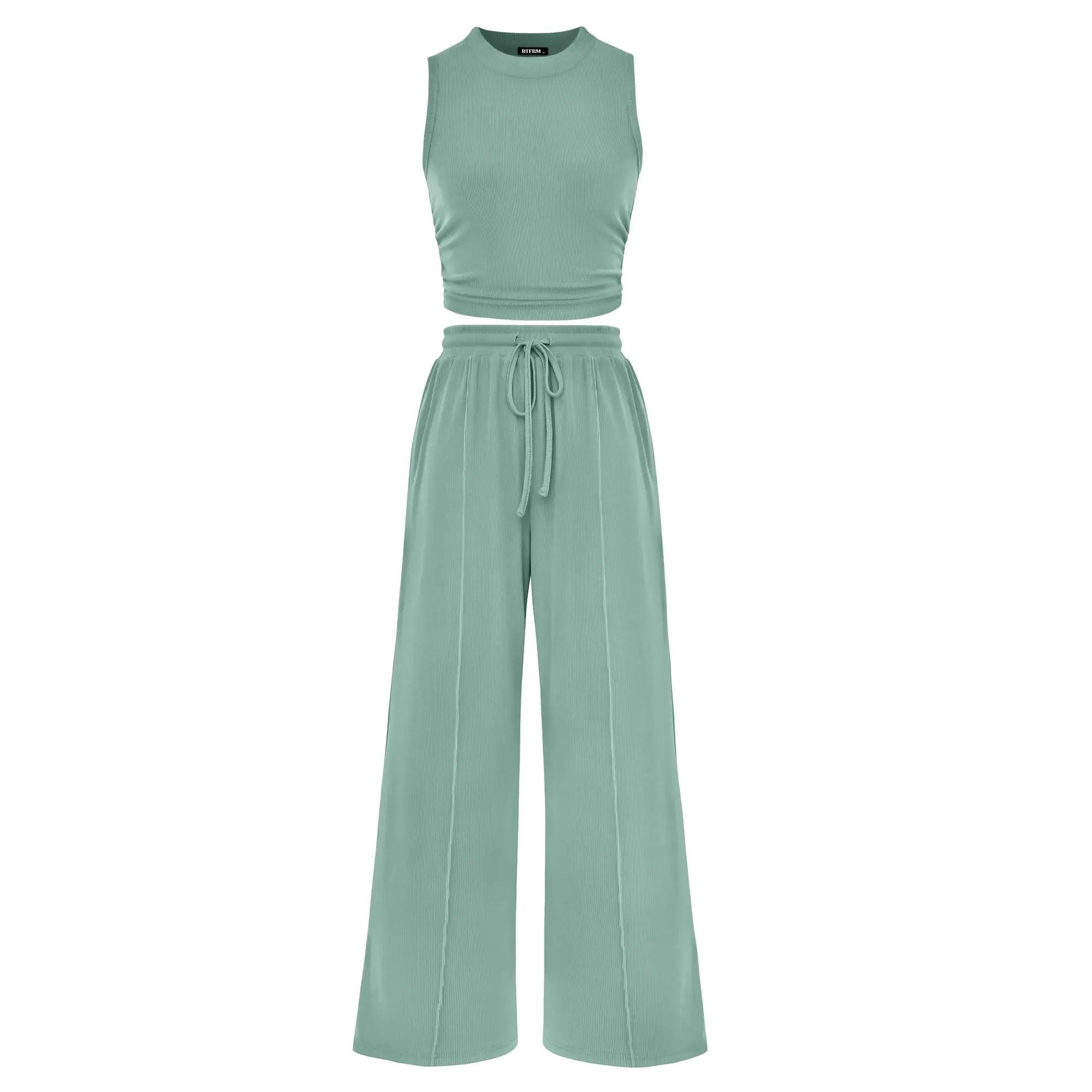 BTFBM Women's Summer 2-Piece Outfits - Ribbed Knit Crew Neck Sleeveless Cropped Top & Wide Leg Pants Lounge Set #Outdoorfun