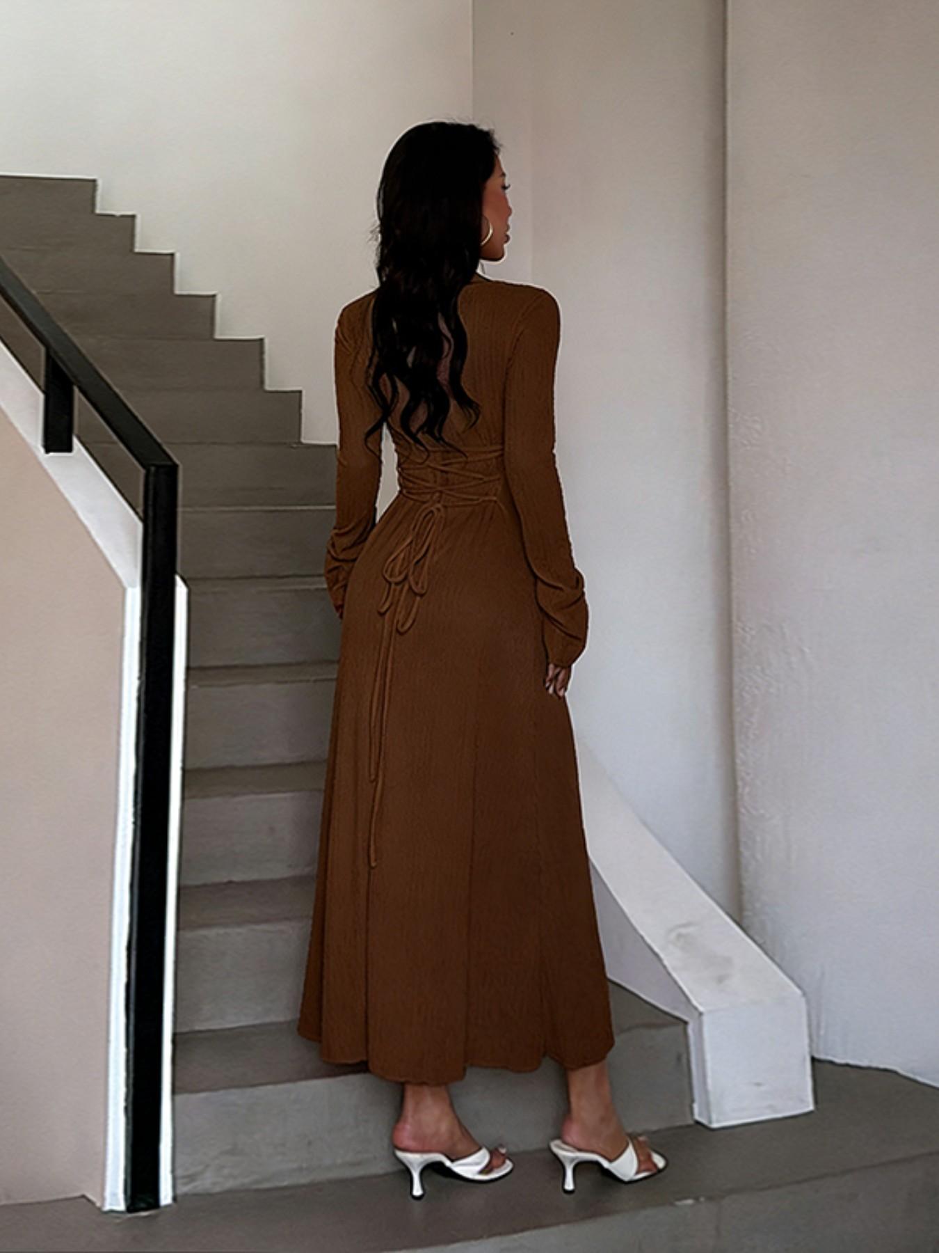 Women's Plain Lace Up Tie Back Flounce Sleeve Dress, 1 Count Chic Elegant Square Neck Long Sleeve A Line Dress for Formal Party Holiday Wedding Guest, Ladies Spring&Fall Clothes Women's Plain Lace Up Tie Back Flounce Sleeve Dress, 1 Count Chic Elegant Square Neck Long Sleeve A Line Dress for Formal Party Holiday Wedding Guest, Ladies Spring&Fall Clothes