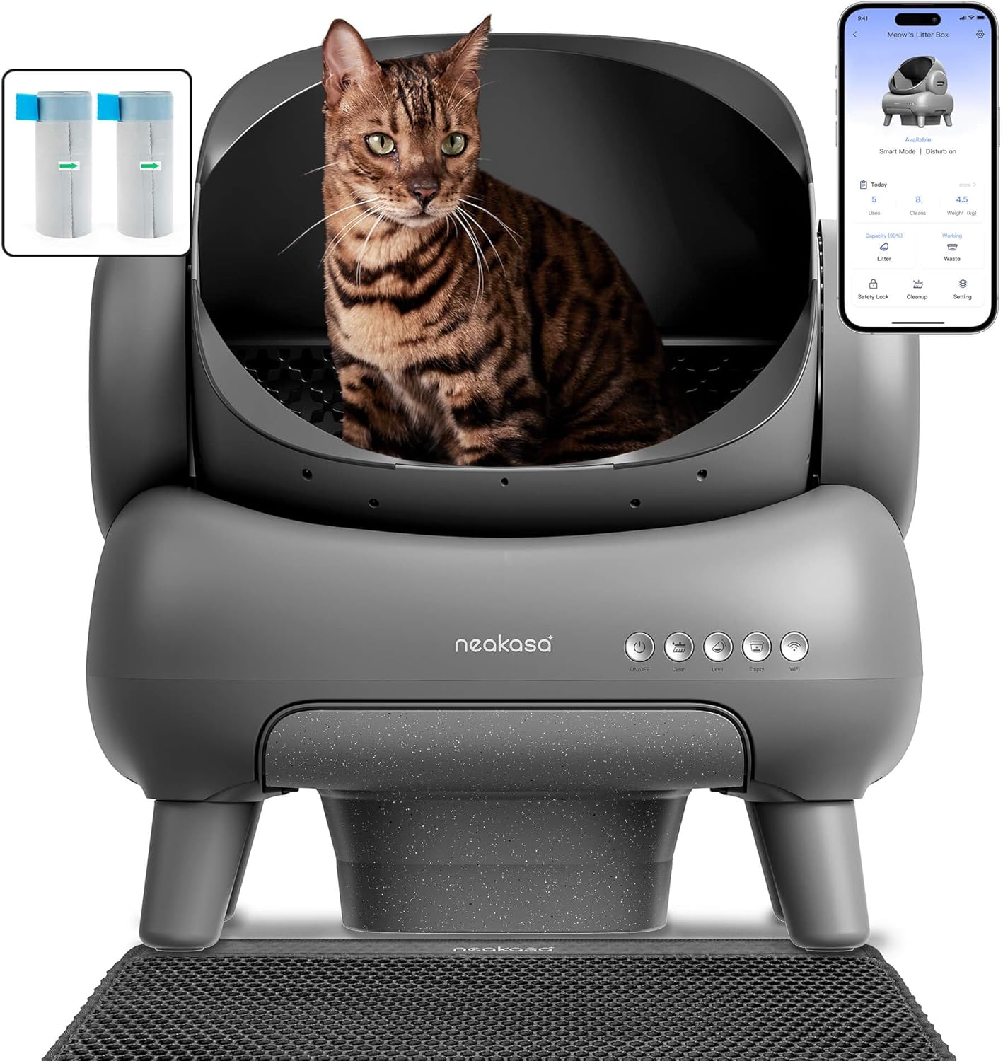 Neakasa M1 Plus Open-Top Self-Cleaning Cat Litter Box, 360° Safety Sensors, Advanced Odor & Leak Control, Automatic for Large & Multi-Cat Homes, Litter Mat & 2 Rolls Refill Bags Included