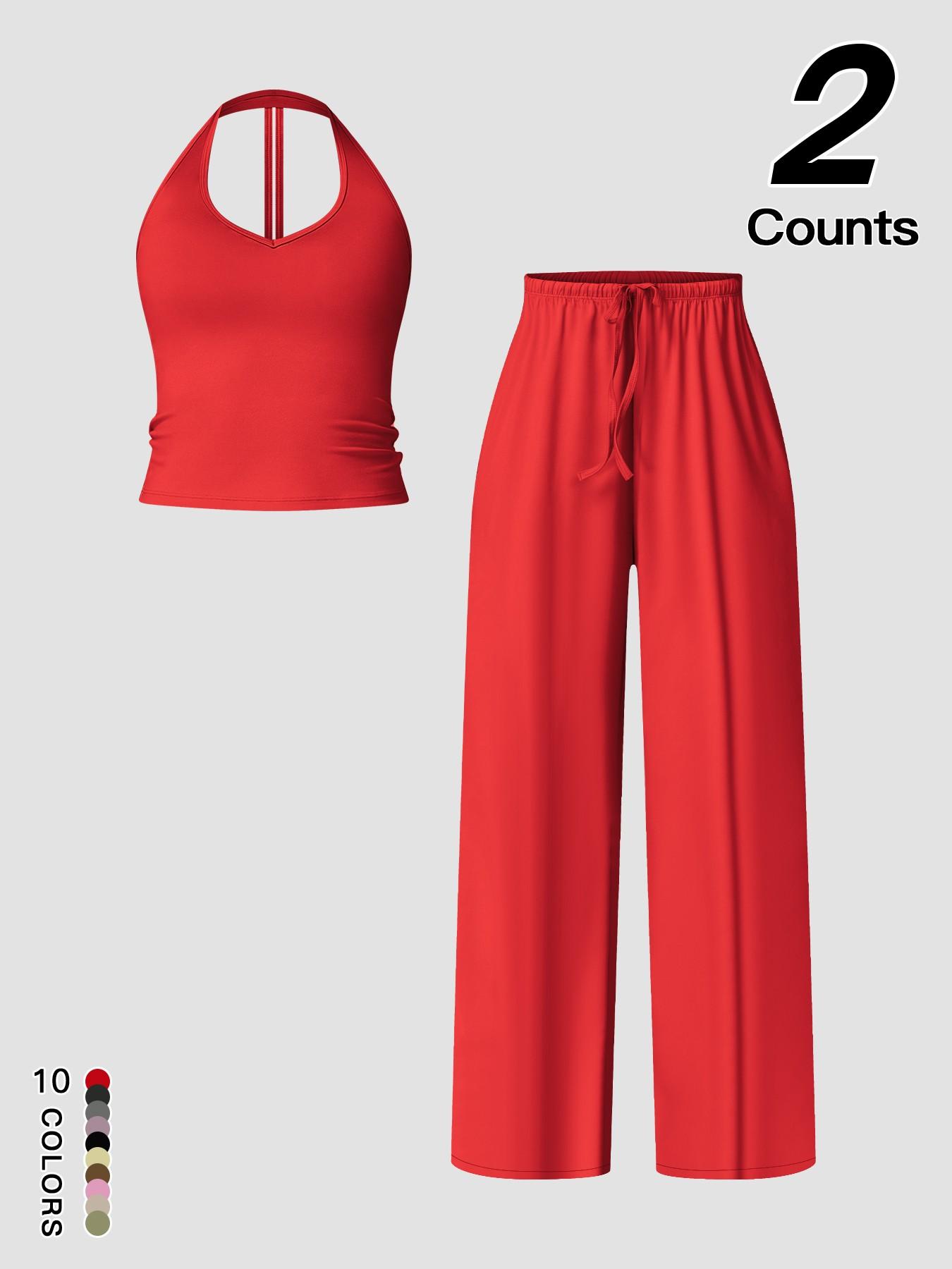 Women's Quick-Dry Sports Tank Top, Casual High-Waisted Bell Bottoms, Comfortable Sporty, Workout Sets, All-Season Plain Style