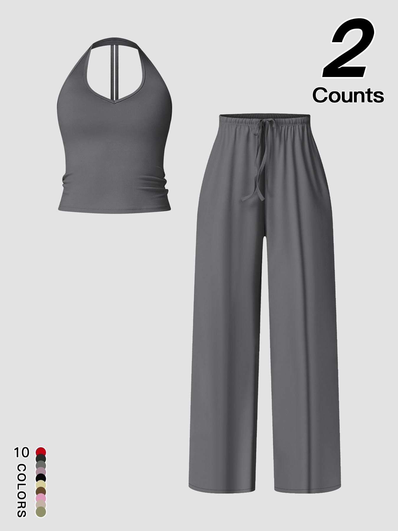 Women's Quick-Dry Sports Tank Top, Casual High-Waisted Bell Bottoms, Comfortable Sporty, Workout Sets, All-Season Plain Style