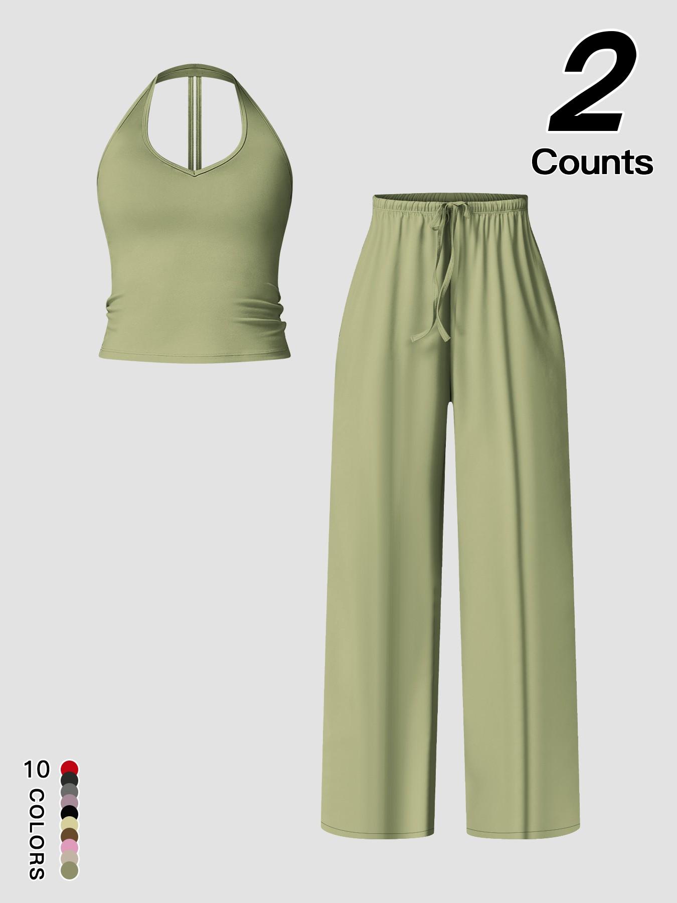 Women's Quick-Dry Sports Tank Top, Casual High-Waisted Bell Bottoms, Comfortable Sporty, Workout Sets, All-Season Plain Style