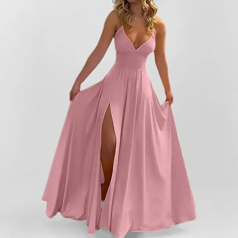 2026 spring new women's clothing, European and American cross-border suspender dress, fashionable and sexy split-ended solid color dress Sports and Outdoors