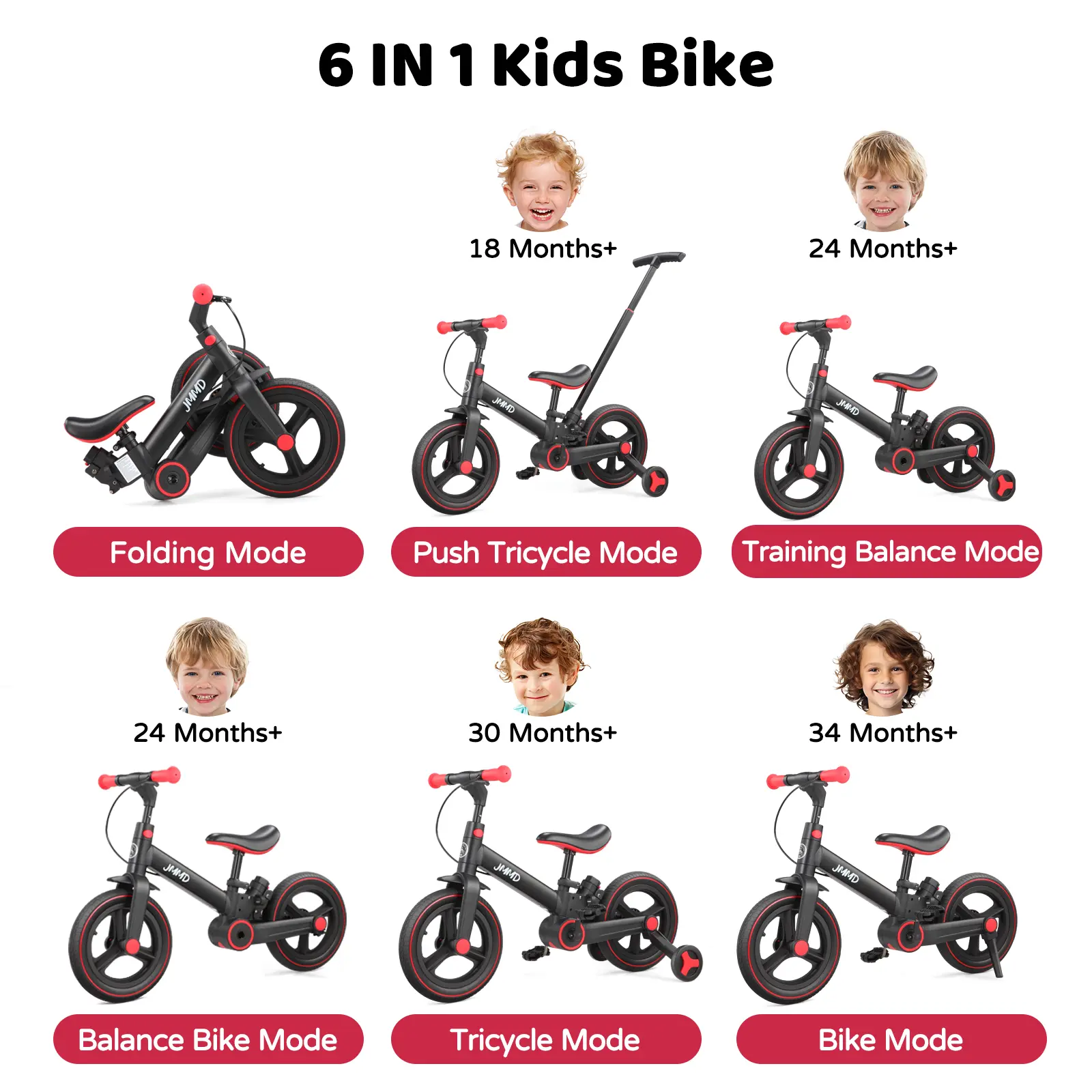 【ChristmasGifts】JMMD Multi-Functional 6-in-1 Toddler Bike for 18-60M Baby Balance Bike with Training Wheels, Pedals & Push Handle | Ride-On Toy with Brakes & Kickstand | First Birthday Gift for Baby Boys & Girls