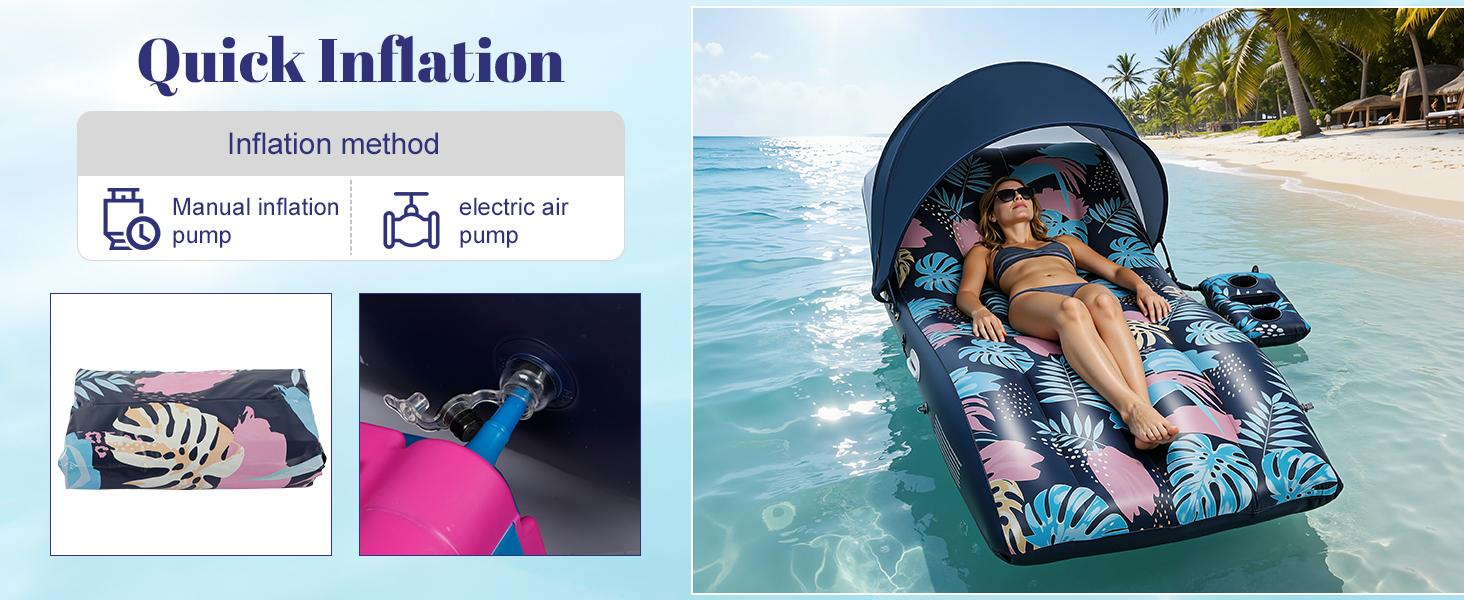 Benazcap Pool Floats Lounger with UPF50+ Canopy Adjustable Inflatable Large Floating Chair Ergonomic Design with Cup Holders Perfect for Swimming Pool Beach Lake Party Dark Blue