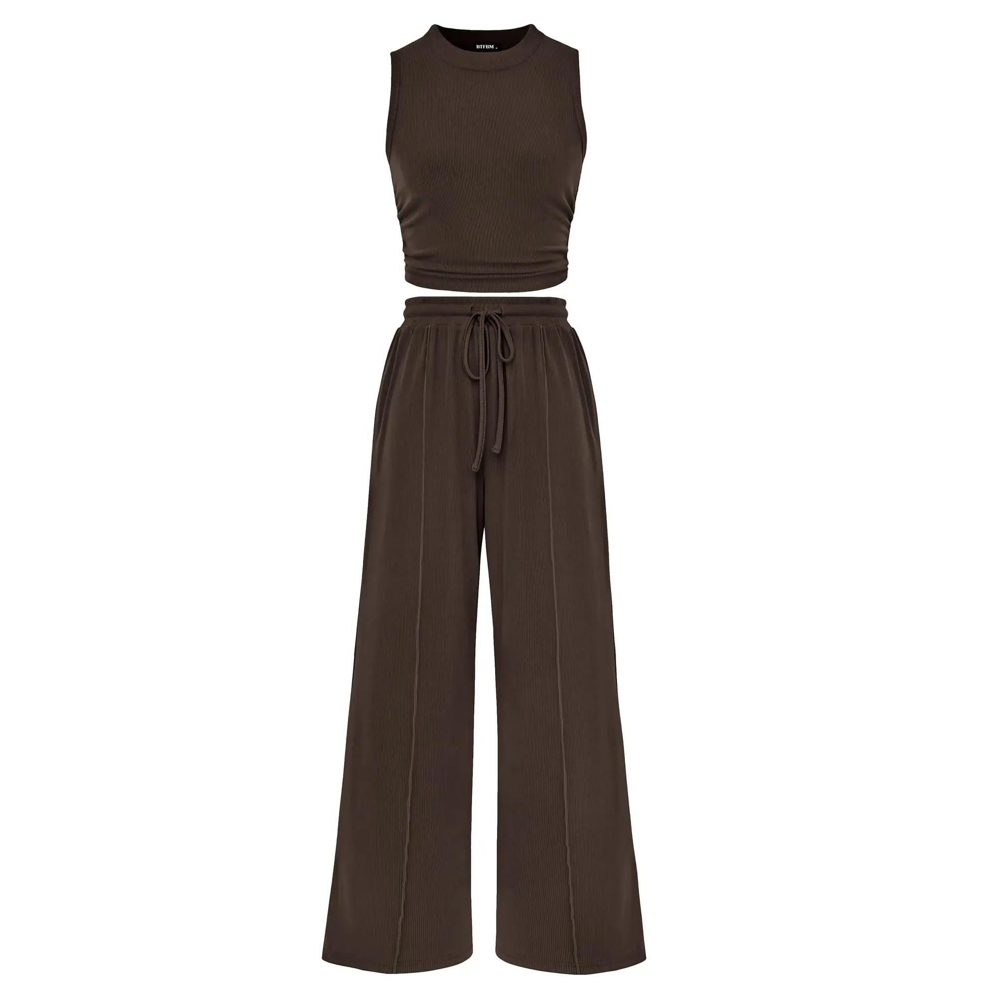 BTFBM Women's Summer 2-Piece Outfits - Ribbed Knit Crew Neck Sleeveless Cropped Top & Wide Leg Pants Lounge Set #Outdoorfun