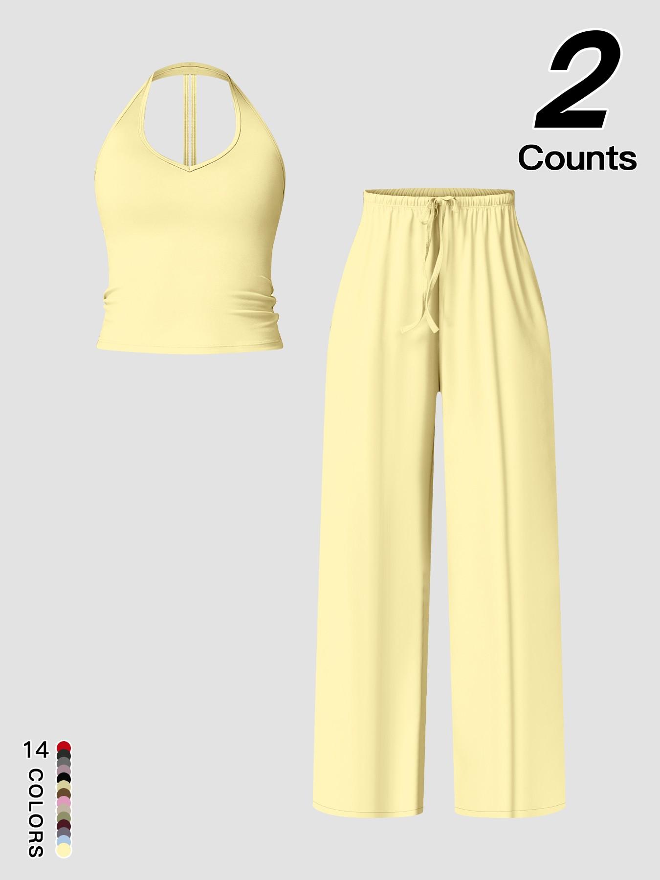 Women's Quick-Dry Sports Tank Top, Casual High-Waisted Bell Bottoms, Comfortable Sporty, Workout Sets, All-Season Plain Style
