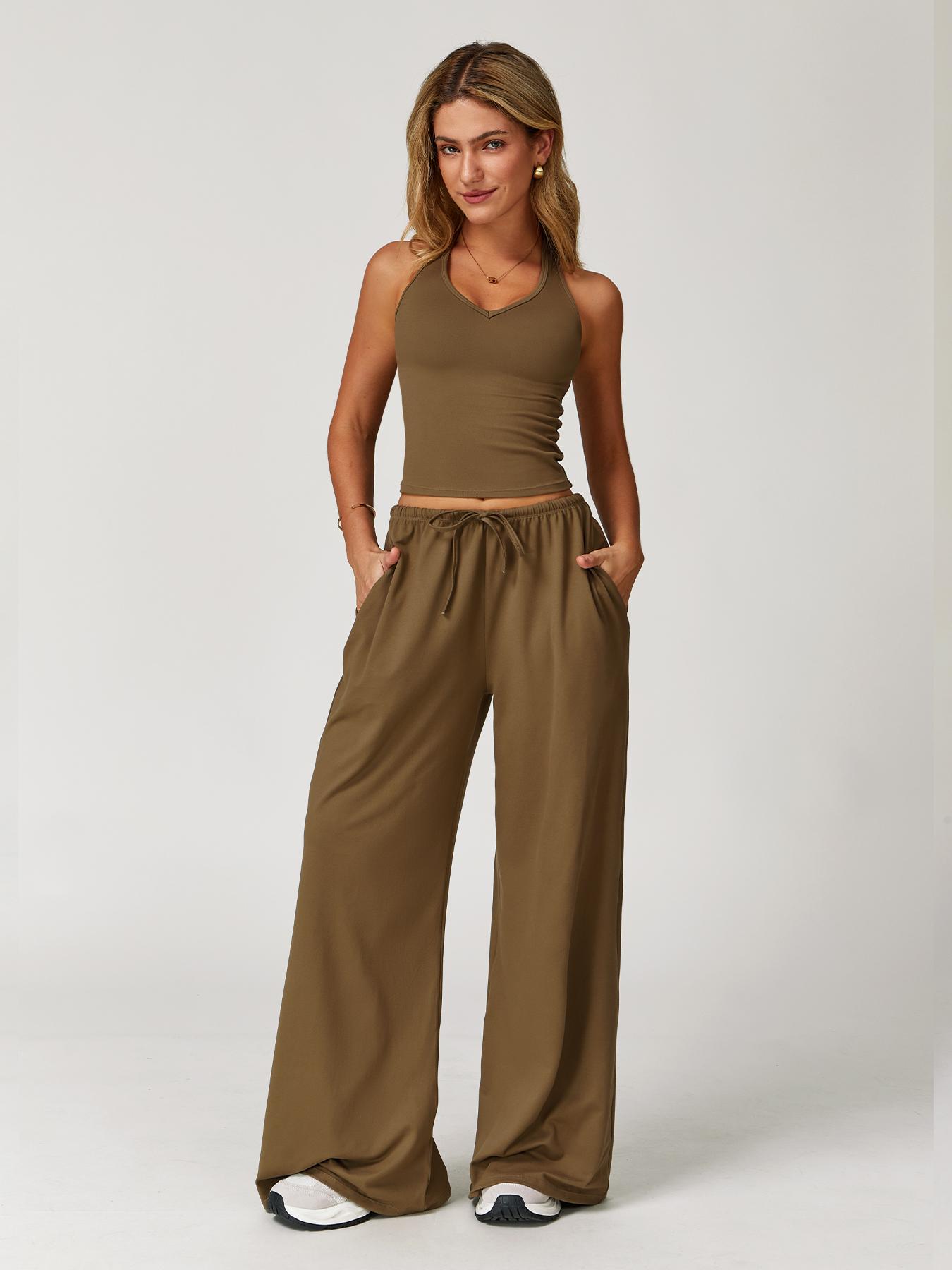 Women's Quick-Dry Sports Tank Top, Casual High-Waisted Bell Bottoms, Comfortable Sporty, Workout Sets, All-Season Plain Style