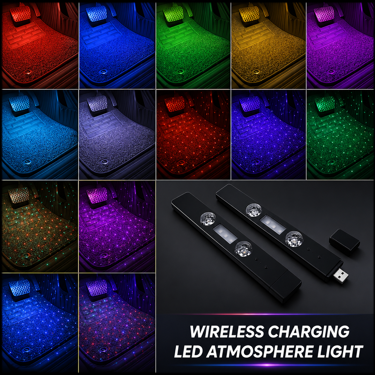 Wireless Car Interior Ambient Lighting - 7 Color Modes LED Strip Lights with Smart Voice Control & Music Sync, USB Rechargeable Premium Car Decor