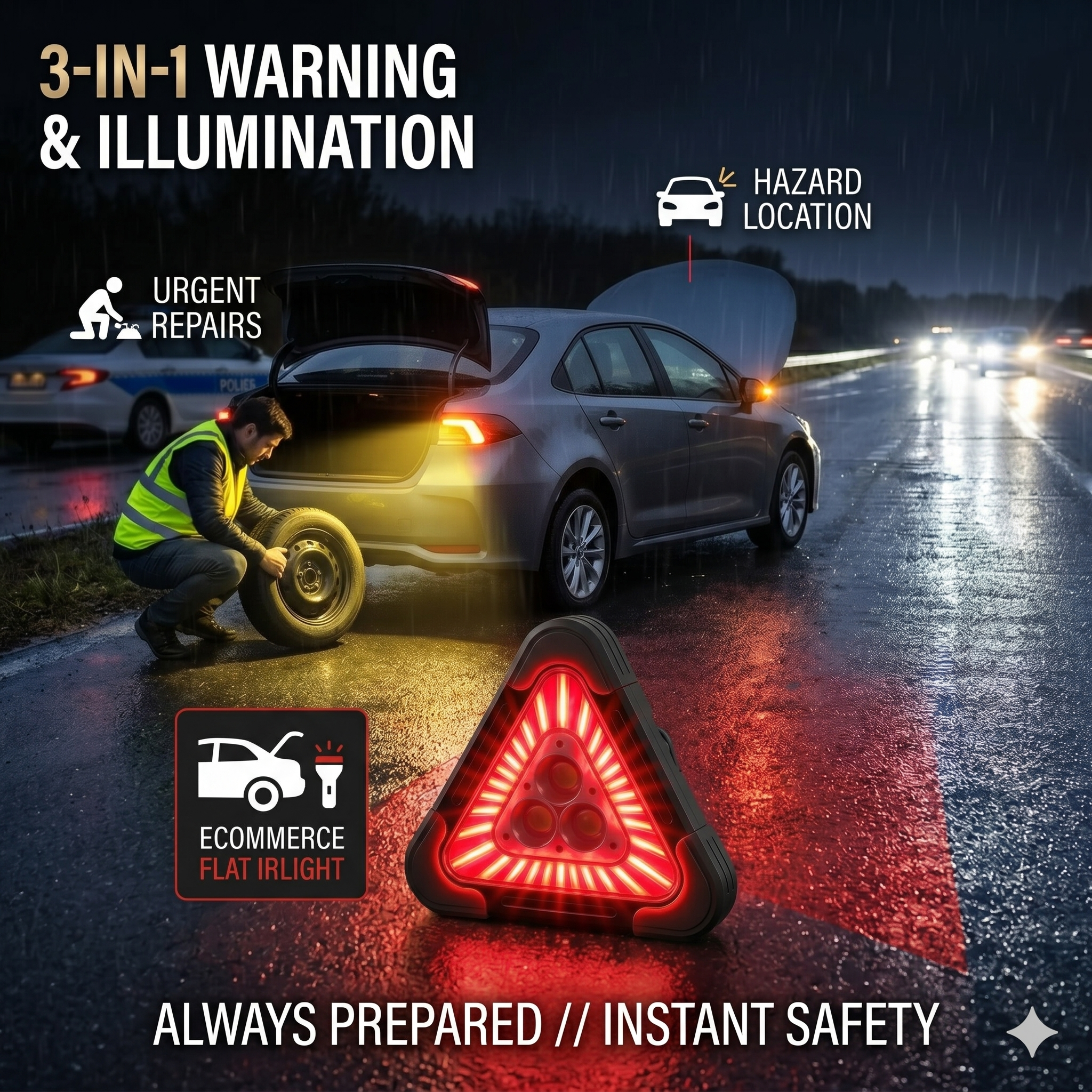 3-IN-1 Solar Triangular Emergency Road Warning Light ⚠️