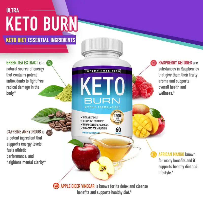 Keto Burn Supplement, Advanced Keto BHB Fat Burner Pills, Weight Loss & Ketosis Support, Metabolism Booster Energy Supplement for Men Women, 60 Capsules