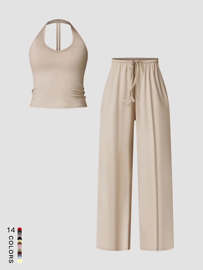 Women's Quick-Dry Sports Tank Top, Casual High-Waisted Bell Bottoms, Comfortable Sporty, Workout Sets, All-Season Plain Style