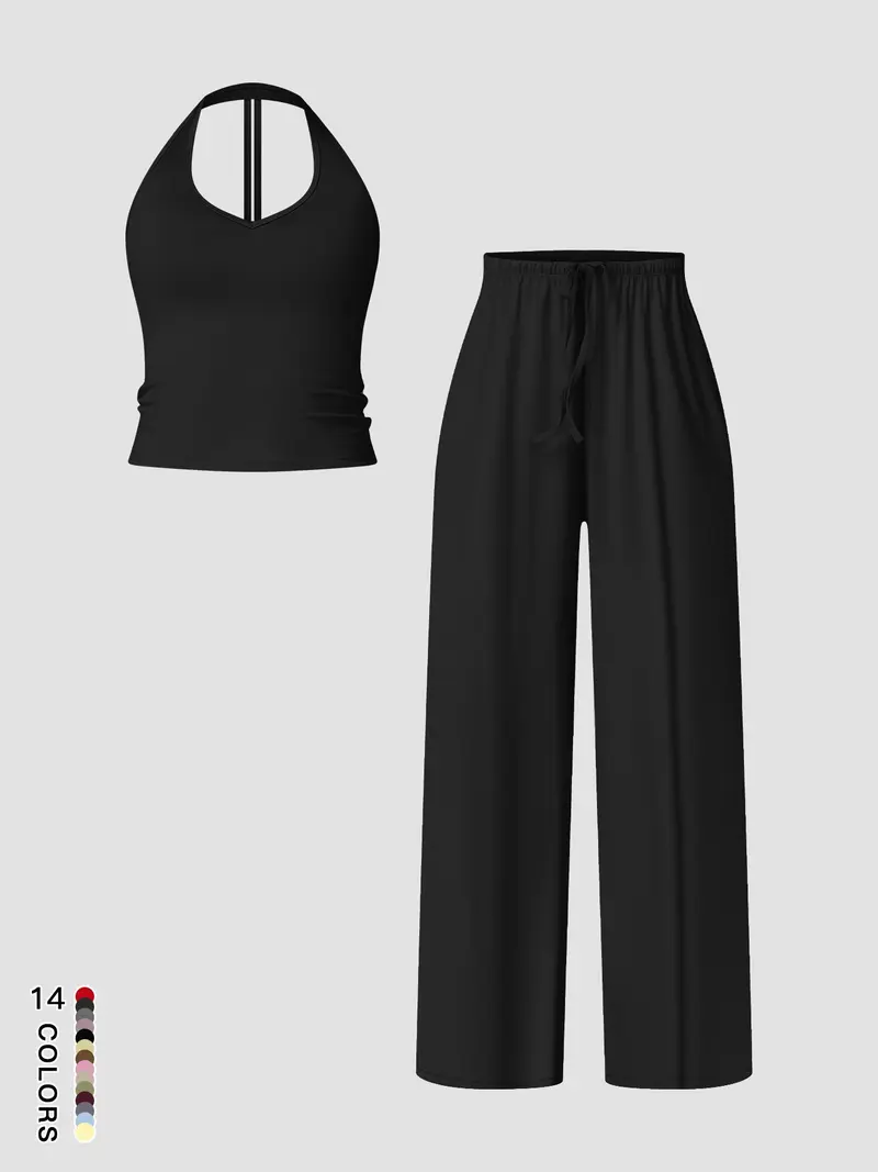 Women's Quick-Dry Sports Tank Top, Casual High-Waisted Bell Bottoms, Comfortable Sporty, Workout Sets, All-Season Plain Style
