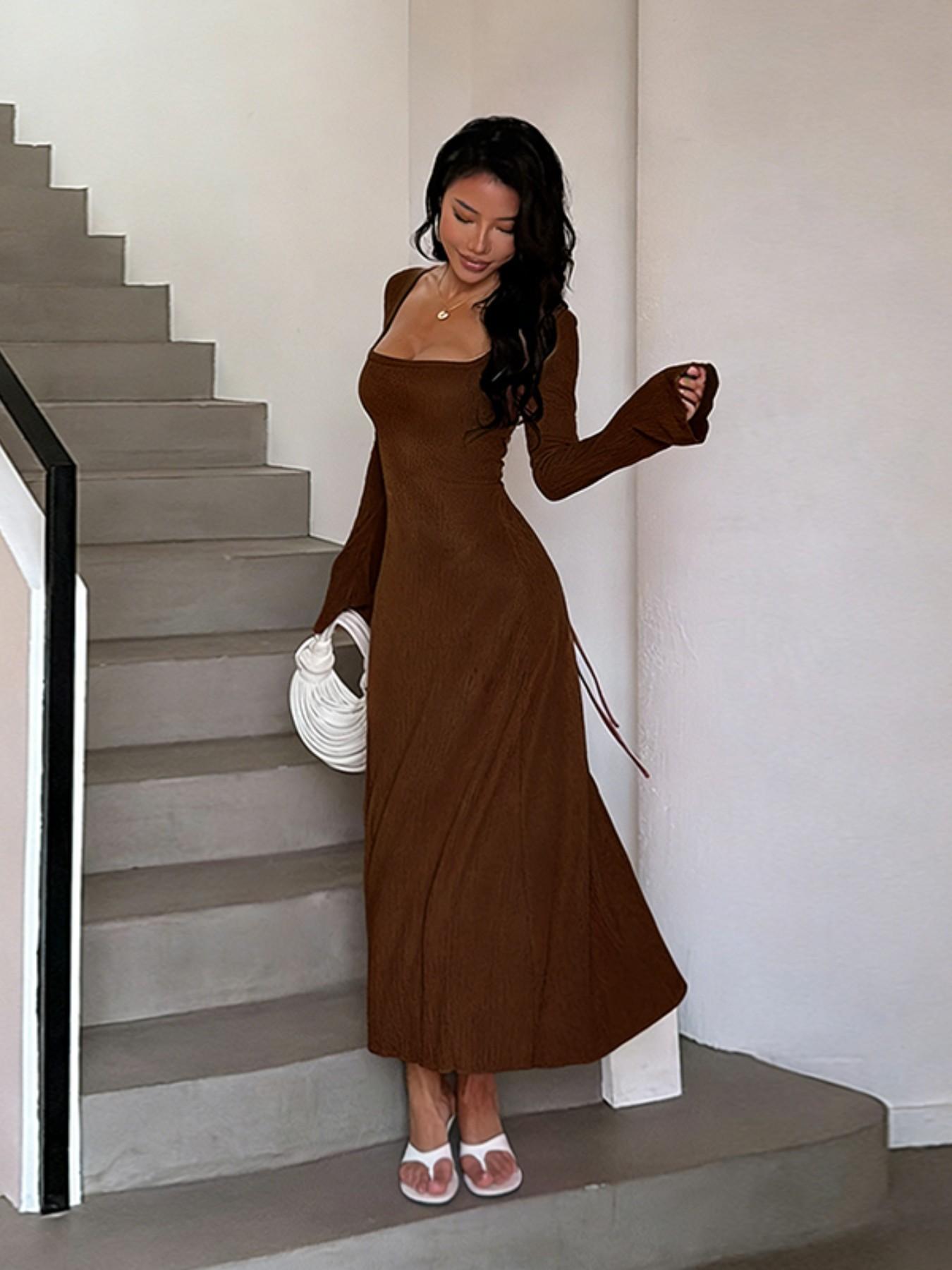 Women's Plain Lace Up Tie Back Flounce Sleeve Dress, 1 Count Chic Elegant Square Neck Long Sleeve A Line Dress for Formal Party Holiday Wedding Guest, Ladies Spring&Fall Clothes Women's Plain Lace Up Tie Back Flounce Sleeve Dress, 1 Count Chic Elegant Square Neck Long Sleeve A Line Dress for Formal Party Holiday Wedding Guest, Ladies Spring&Fall Clothes