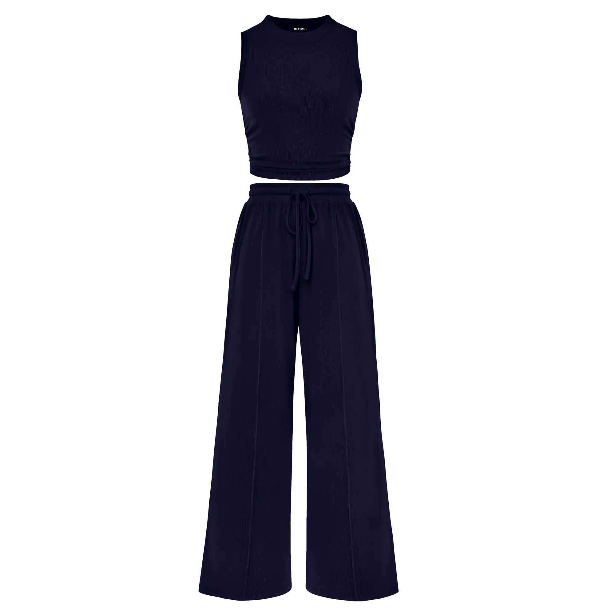 BTFBM Women's Summer 2-Piece Outfits - Ribbed Knit Crew Neck Sleeveless Cropped Top & Wide Leg Pants Lounge Set #Outdoorfun