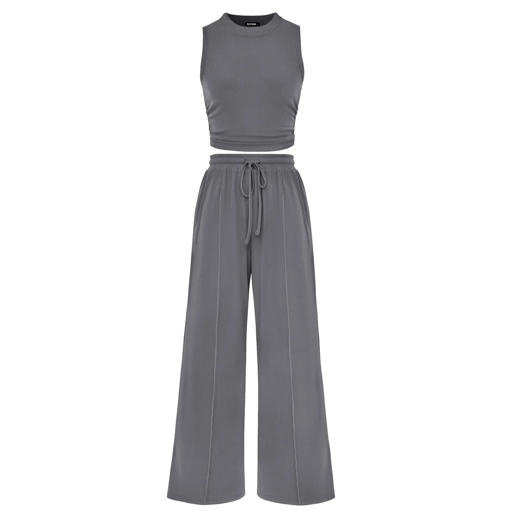 BTFBM Women's Summer 2-Piece Outfits - Ribbed Knit Crew Neck Sleeveless Cropped Top & Wide Leg Pants Lounge Set #Outdoorfun