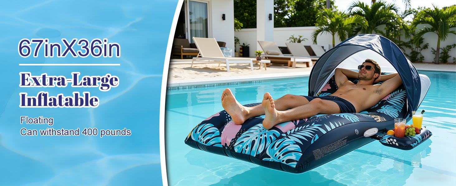 Benazcap Pool Floats Lounger with UPF50+ Canopy Adjustable Inflatable Large Floating Chair Ergonomic Design with Cup Holders Perfect for Swimming Pool Beach Lake Party Dark Blue