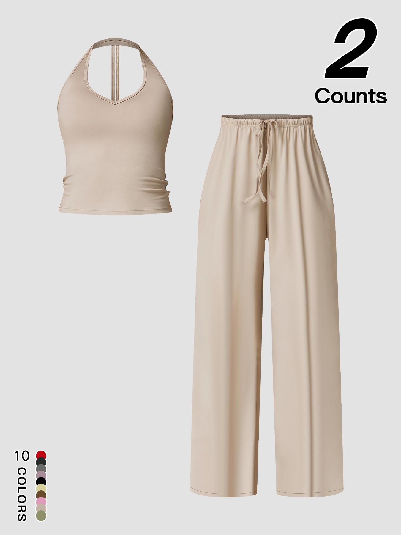 Women's Quick-Dry Sports Tank Top, Casual High-Waisted Bell Bottoms, Comfortable Sporty, Workout Sets, All-Season Plain Style