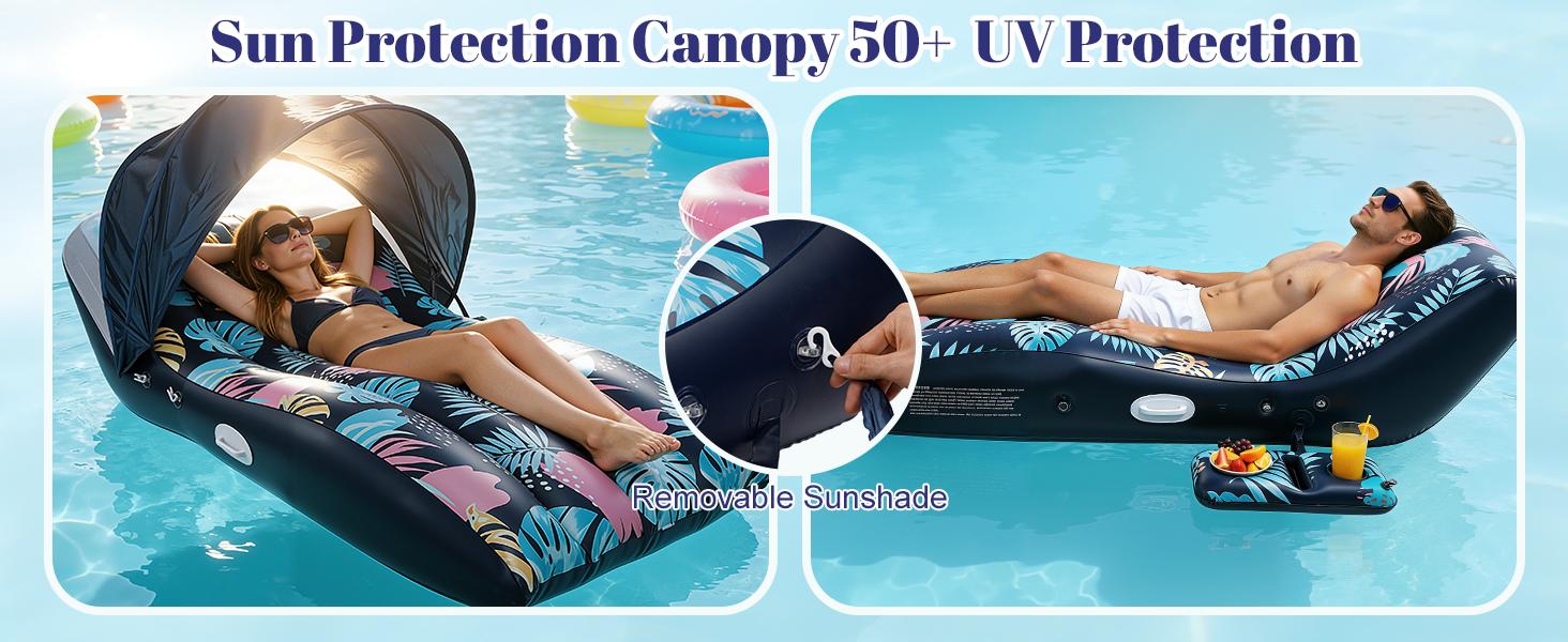 Benazcap Pool Floats Lounger with UPF50+ Canopy Adjustable Inflatable Large Floating Chair Ergonomic Design with Cup Holders Perfect for Swimming Pool Beach Lake Party Dark Blue