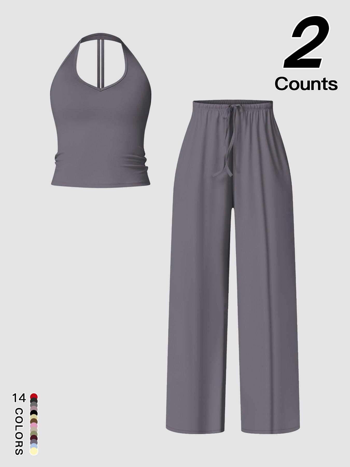 Women's Quick-Dry Sports Tank Top, Casual High-Waisted Bell Bottoms, Comfortable Sporty, Workout Sets, All-Season Plain Style